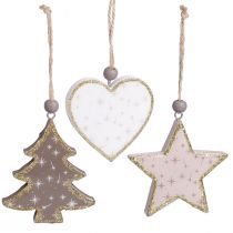 Article Pendentif de Noël étoile arbre coeur bois 6,5/7cm 6 pcs
