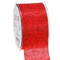 Article Ruban de Noël avec ornements floraux rouge 60 mm 15 m