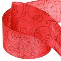 Article Ruban de Noël avec ornements floraux rouge 60 mm 15 m