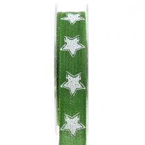 Ruban de Noël en lin avec étoile verte 25mm 15m