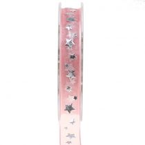 Article Ruban de Noël organza rose avec motif étoile 15mm 20m