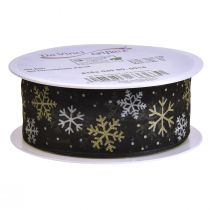 Article Ruban de Noël organza flocons de neige noir doré 40mm 15m