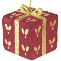 Article lot de 3 décorations suspendues cadeaux en papier mâché 6 cm rouge, vert et doré