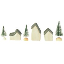 Article Village de Noël maisons en bois sapins verts et blancs 5-8 cm lot de 6
