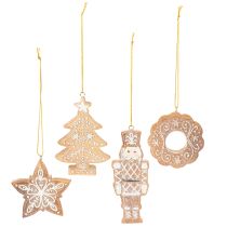 Article Décorations de Noël, pain d'épice, aspect glaçage, casse-noisette, étoile, sapin, couronne, 6 cm, lot de 4