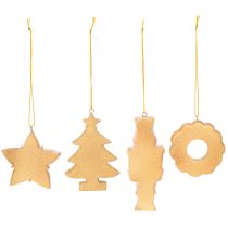Article Décorations de Noël, pain d'épice, aspect glaçage, casse-noisette, étoile, sapin, couronne, 6 cm, lot de 4