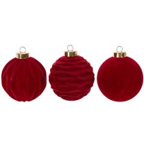 Article Boule de Noël, surface veloutée, rouge, 8 cm, lot de 12
