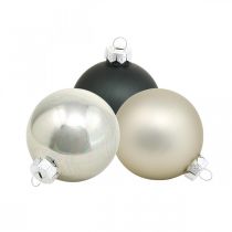 Boules de Noël, pendentifs d&#39;arbre de Noël, décorations d&#39;arbre noir / argent / nacre H6.5cm Ø6cm verre véritable 24pcs