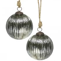 Boules de Noël en verre Boules de sapin de Noël argent avec rainures Ø10cm 2pcs