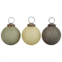 Article Boules de Noël verre floqué jaune/vert/gris Ø6cm 3pcs