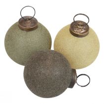 Article Boules de Noël en verre floqué, jaune/vert/gris, Ø6 cm, lot de 3