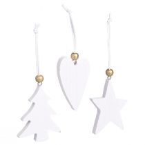 Article Décorations suspendues en bois blanc et doré motifs étoile, cœur et sapin 6 pièces
