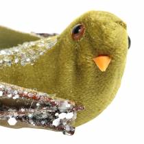 Article Décoration de Noël oiseau sur clip vert, paillettes 12cm 6pcs assortis