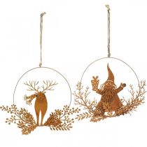 Article Bague décorative pour Noël, renne dans l'anneau, Père Noël avec cadeau, décoration en métal patiné Ø18cm lot de 2