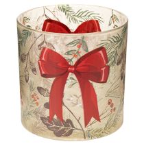 Article Bougeoir en verre avec ruban rouge et branches d'hiver, 15 cm