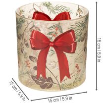 Article Bougeoir en verre avec ruban rouge et branches d'hiver, 15 cm