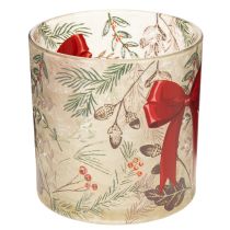 Article Bougeoir en verre avec ruban rouge et branches d'hiver, 15 cm