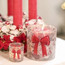 Article Bougeoir en verre avec ruban rouge et branches d'hiver, 15 cm