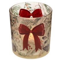 Article Photophore en verre décoré de branches de Noël et d'un ruban rouge, 8 cm, lot de 2