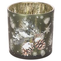 Article Porte-bougie chauffe-plat en verre orné de pommes de pin et de flocons de neige, 15 cm