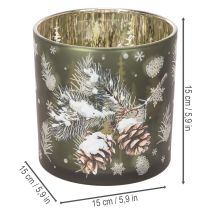 Article Porte-bougie chauffe-plat en verre orné de pommes de pin et de flocons de neige, 15 cm