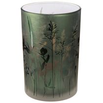 Article Lanterne en verre blanc motif prairie verte H18cm