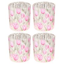 Article Lanterne décorative en verre à motif tulipe, idéale pour agrémenter votre intérieur au printemps, 8 cm, lot de 4.