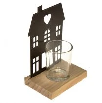 Article Lanterne maison métal noir avec socle en bois H15cm 2pcs