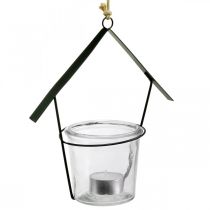 Lanterne maison, photophore à suspendre, décoration métal, verre H21,5cm 2pcs