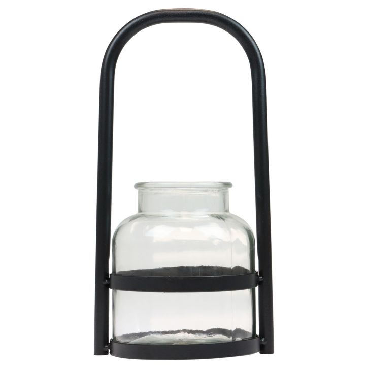 Article Lanterne métal décor verre noir manche transparent Ø14,5cm