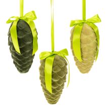 Article Pommes de pin décoratives à suspendre, pommes de pin floquées avec ruban et nœud, 18 cm, lot de 3