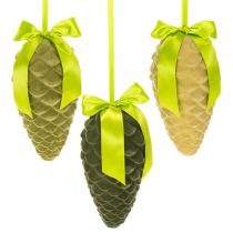 Article Pendentifs en forme de pomme de pin artificielle avec ruban et nœud cadeau, 23 cm, lot de 3