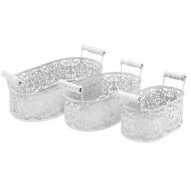 Article Bols pour plantation, pot décoratif à décor de dentelle, récipient en métal avec anses, ovale blanc, argent Shabby Chic L25.5/20/15cm H7cm lot de 3