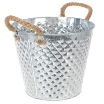 Article Pot en zinc, forme losange, anses en corde, blanchi à la chaux, Ø 24,5 cm H 21 cm