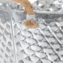 Article Pot en zinc, forme losange, anses en corde, blanchi à la chaux, Ø 24,5 cm H 21 cm