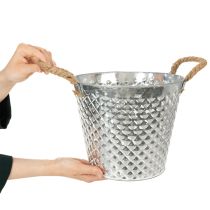 Article Pot en zinc, forme losange, anses en corde, blanchi à la chaux, Ø 24,5 cm H 21 cm