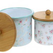 Article Boîte émaillée avec couvercle bois motif fleur H10/12cm lot de 2