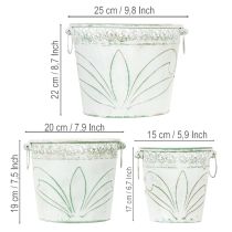 Article Pot de fleurs en métal gaufré avec poignées, blanc et vert, style shabby chic, H 22/19,5/17,5 cm, Ø 25,5/20,5/15,5 cm, lot de 3