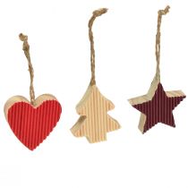 Article Décorations pour sapin de Noël coeur en bois arbre étoile rouge 4,5 cm 9pcs