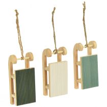 Article Lot de 6 petits traîneaux décoratifs en bois à suspendre couleur menthe et blanc, 9,5 cm