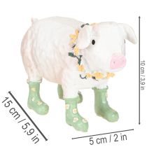 Article Cochon décoratif avec bottes en caoutchouc – Figurine de ferme amusante avec couronne de fleurs 15,5 cm