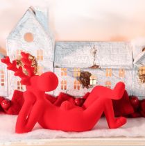 Article Figurine décorative de renne rouge couché, design moderne, 24 cm, lot de 2