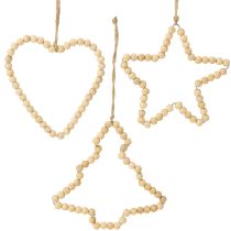 Article Décorations de Noël : perles en bois, cœur, étoile, sapin, 13 cm de haut, lot de 6
