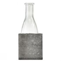 Article Vase en verre sur support en bois gris de 20 cm. Décoration rustique avec bouteille en verre.