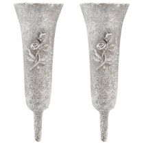 Article Vase funéraire gris à motif de rose, 26 cm de haut, 2 pièces