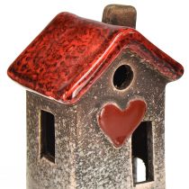 Article Maisons romantiques en céramique avec motif cœur - tons rouges et naturels, 11 cm - décoration d'hiver conçue avec amour - 3 pcs