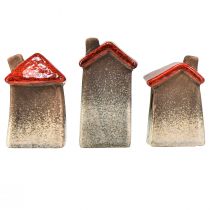 Article Maisons romantiques en céramique avec motif cœur - tons rouges et naturels, 11 cm - décoration d'hiver conçue avec amour - 3 pcs