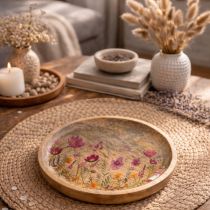Article Assiettes en bois décorées de fleurs et de papillons, rose naturel, Ø15cm, lot de 3