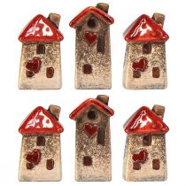 Article Maison en céramique avec fenêtre de toit rouge et cœur - 6 cm - Décoration idyllique pour la maison et le jardin - 6 pcs