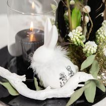 Article Lapin en Céramique Blanc Fleurs Assis Plumes 9×7×14cm 2pcs